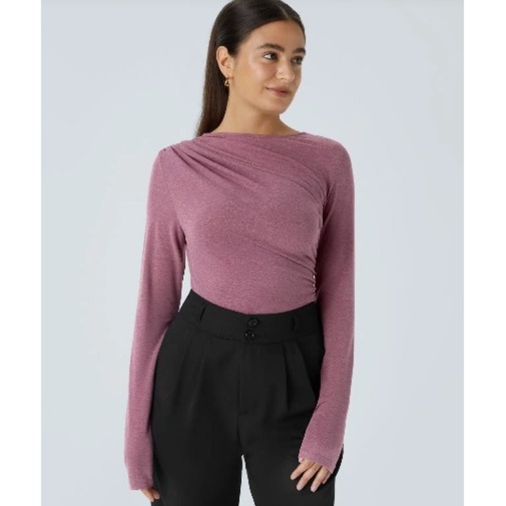 Halara Asymmectrical Ruched Drape Long Sleeve Work Top Shirt Red Violet Sz S NWT
